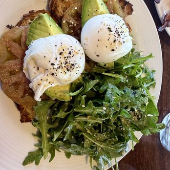 Red Marlin San Diego - Avocado toast with poached eggs and arugula salad - Seafood Near Me - San Diego, California Red Marlin San Diego - Avocado toast with poached eggs and arugula salad - Seafood Near Me - San Diego, California