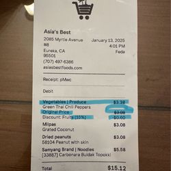 Asia's Best - Receipt showing changed price to $3.98 with a 15% off-- i was charged $3.38 and regular price is $3.08!!!