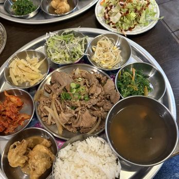 Baekban 1988 - Pork and salad add on is super delicious! Also got the beef with rice cake add on . Also potato with sweet glaze ! Definitely delicious! - Korean Near Me - Calgary, Alberta