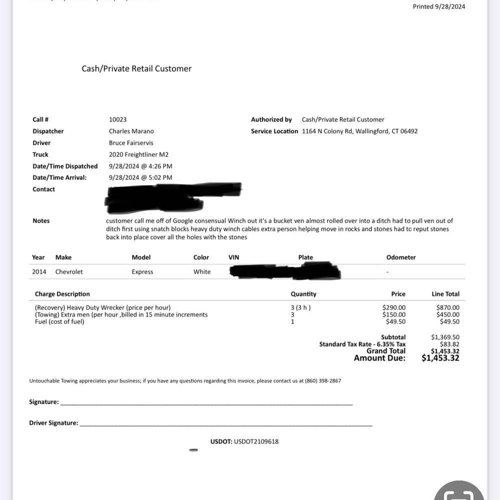 Untouchable Towing - Invoice showing I was scammed. - Towing Near Me - Middletown, Connecticut Untouchable Towing - Invoice showing I was scammed. - Towing Near Me - Middletown, Connecticut