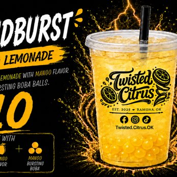 Twisted Citrus - Cloudburst - Fresh-Squeezed Lemonade with Mango flavor, and Mango Bursting Boba balls. - Food Trucks Near Me Twisted Citrus - Cloudburst - Fresh-Squeezed Lemonade with Mango flavor, and Mango Bursting Boba balls. - Food Trucks Near Me