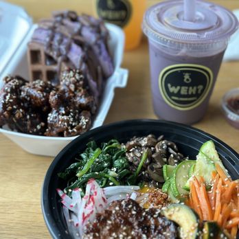 WEH? Asian Fusion - Ube Waffles with K-chicken with Adobo sauce - Filipino Near Me - Austin, Texas WEH? Asian Fusion - Ube Waffles with K-chicken with Adobo sauce - Filipino Near Me - Austin, Texas