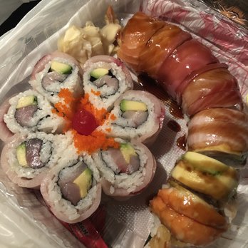 Sushiland - Left: hamachi blossom roll $13.05 Right: super rainbow roll $13.35 - Japanese Near Me - Hayward, California