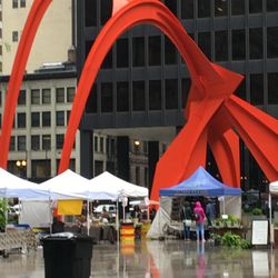 Federal Plaza - Colossal Alexander Calder Flamingo Sculpture in "Calder Red!" During Farmer's Market Day.....