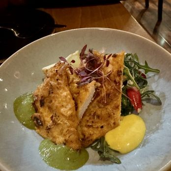 Aurum - saffron chicken escalopes, winter radish salad - Indian Near Me - Los Altos, California Aurum - saffron chicken escalopes, winter radish salad - Indian Near Me - Los Altos, California