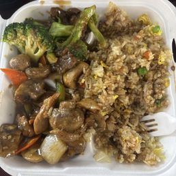 fried rice, beef and broccoli, with mixed vegetables