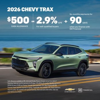 Hessert Chevrolet - Drive a 2026 Chevy Trax with $500 cash allowance OR 2.9% APR, plus no monthly payments for 90 days when you finance with GM Financial. - Auto Repair Near Me - Cherry Hill, New Jersey