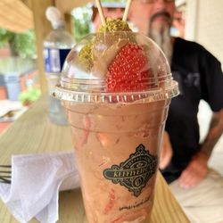 Keffiyeh Cafe - Dubai chocolate with strawberries and pistachio butter.