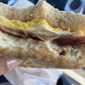 Outsider Coffee - Inside view of the bacon breakfast Sammy - Coffee & Tea Near Me - Medford, Oregon