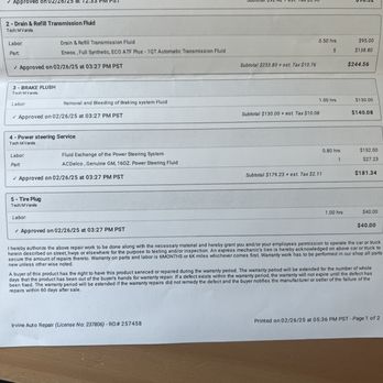 Irvine Auto Repair - Receipt from 2/26/25 - Auto Repair Near Me - Irvine, California Irvine Auto Repair - Receipt from 2/26/25 - Auto Repair Near Me - Irvine, California