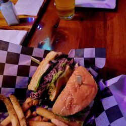 Half Southwestern Burger and half Blue Cheese Burger