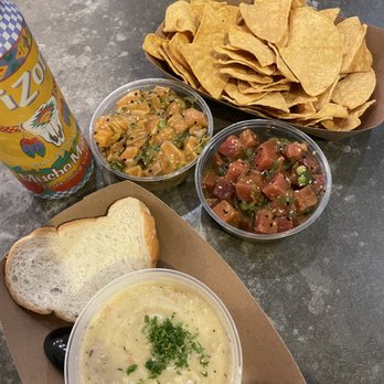 Bear Flag Fish - clam chowder, ahi poke, salmon poke, chips - Seafood Near Me - Huntington Beach, California