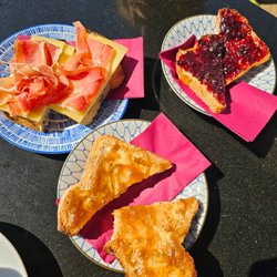 Cottage Café - Spelt bread toast with: Vanilla Rhubarb jam, Gruyere and Jamon Tartine, Raspberry Jam