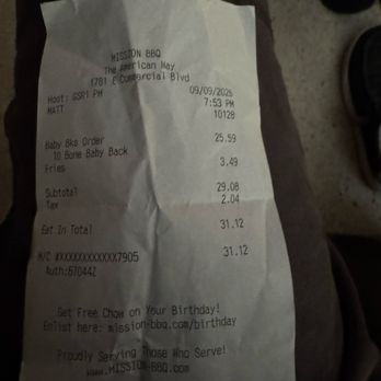 Mission BBQ - This is proof of my receipt that I paid for this meal. - Barbeque Near Me - Fort Lauderdale, Florida