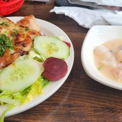 Las Buenas Nuevas - Lunch Pecial- grilled chicken over rice and salad with a side of ceviche