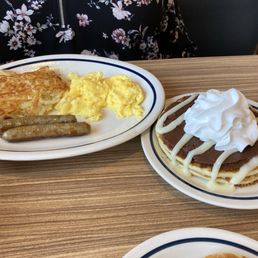 Pancakes, hashbrowns, eggs, sausage Pancakes, hashbrowns, eggs, sausage