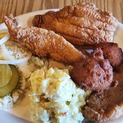 Roger's Pit Cooked Bar-B-Que - Fried Catfish Filets, Cole Slaw and Potatoe Salad