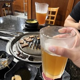 BBQ pork belly, draft beer Blue moon!
