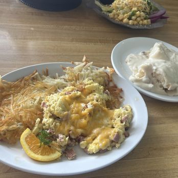 The Waffle Factory - Ham & cheddar scrambled eggs with hash browns with biscuits and gravy on the side. YUM - Breakfast & Brunch Near Me - Escalon, California The Waffle Factory - Ham & cheddar scrambled eggs with hash browns with biscuits and gravy on the side. YUM - Breakfast & Brunch Near Me - Escalon, California