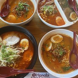 Picture (from top left moving clockwise): tan tan men, half and half of Kara miso and black tonkotsu, tan tan men, Kara miso. Picture (from top left moving clockwise): tan tan men, half and half of Kara miso and black tonkotsu, tan tan men, Kara miso.