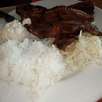 Back Home In Lahaina - Galbi short ribs plate. With white rice and macaroni and cabbage salads. BackHomeinLahaina - Hawaiian Near Me - Carson, California