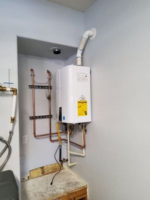 Tankless Water Heater Installations - We specialize in Tankless Water Heaters, "Salt-FREE" Water Conditioning Systems, Whole House Water Filtration Systems, Leak Detection, Gas Lines, Remodels, Sewer Mainlines, Water Mainlines, Toilets, Faucets, Septic Tank Installation. Residential and Commercial. A Gas Tankless Water Heater is an efficient appliance that uses a heat exchanger to heat water only when it's needed, which can help you save up to 40% on your energy bill. As a Certified Service Specialist for Navien, the leader in Condensing Tankless Technology, rest assured that you will receive the highest quality customer support in the industry.