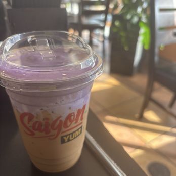 Saigon Yum - ube coffee & garlic fried chicken. You can scrape off the bitter garlic bits easily. - Vietnamese Near Me - San Leandro, California