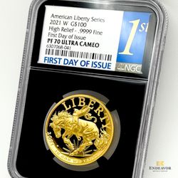 Endeavor Metals Group - The Most Beautiful Modern Numismatic - 2021-W NGC PF70, First Day of Issue, Ultra Cameo, High Relief $100 Gold American Liberty