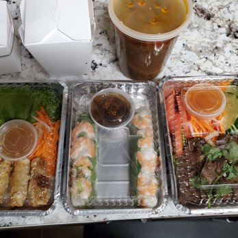 Pho Saigon - Top is Spicy Lemongrass Soup with Beef, then clockwise, Shaken Beef, Summer Rolls, and Spring Rolls. - Vietnamese Near Me - Hackensack, New Jersey