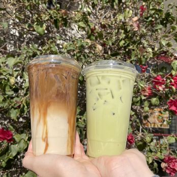 Main Street Coffee - Left: Iced caramel Macchiato Right: Matcha Greem Tea Latte - Coffee & Tea Near Me - La Quinta, California Main Street Coffee - Left: Iced caramel Macchiato Right: Matcha Greem Tea Latte - Coffee & Tea Near Me - La Quinta, California