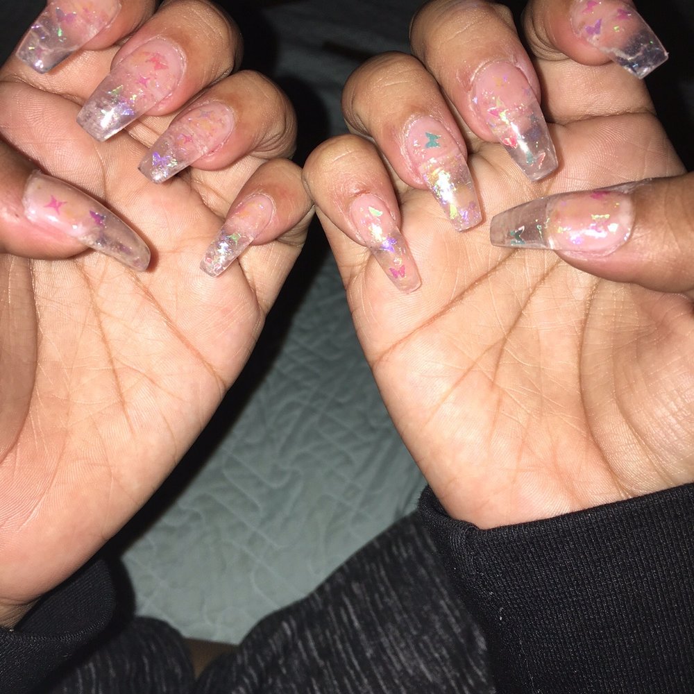 7 Nail Spa  - Clear gel manicure with holographic butterflies and sparkles - Nail Salons Near Me - San Francisco, California