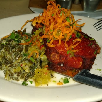 Roost - Pork Chop with Mustard Collards - New American Near Me - Houston, Texas Roost - Pork Chop with Mustard Collards - New American Near Me - Houston, Texas