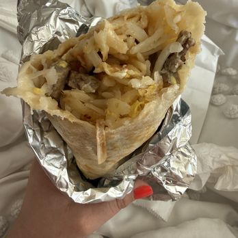 Happy Donut - Breakfast Burrito: Sausage, Egg, Cheese, Hash-browns, Pico de Gallo - Bagels Near Me - Daly City, California