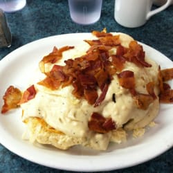 J.C's Cafe - On the menu it is called Mass Confusion. 2 biscuits, layer of hash browns, topped with 2 eggs and bacon. Excellent!