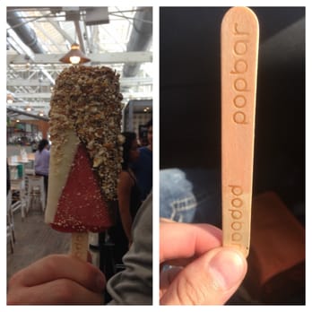 Popbar - Before and after; strawberry w half white half dark chocolate with caramel corn and waffle cone - Desserts Near Me - Anaheim, California Popbar - Before and after; strawberry w half white half dark chocolate with caramel corn and waffle cone - Desserts Near Me - Anaheim, California