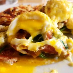 Hidden Cafe - Seared Ahi Benedict with spinach and avocado. 2 perfectly poached runny eggs.