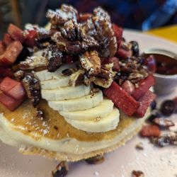 Lovelocks - Pancakes with spiced apples bananas, strawberry, and pecans