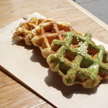 Nero Waffles - Matcha white chocolate, original, and almond (mini waffles, $2.15 CAD each) - Desserts Near Me - Vancouver, British Columbia Nero Waffles - Matcha white chocolate, original, and almond (mini waffles, $2.15 CAD each) - Desserts Near Me - Vancouver, British Columbia