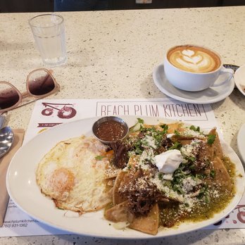 Beach Plum Kitchen - Machacha green chilaquiles and pistachio latte with coconut milk - New American Near Me - Carlsbad, California