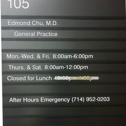 Chu Edmond K, MD - Dr Chu's hours