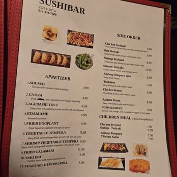 Sushi Bar - A restaurant menu from Sushi Bar in Bloomington, IN, displaying sushi options, Japanese dishes, appetizers, and side orders with prices and images. - Japanese Near Me - Bloomington, Indiana