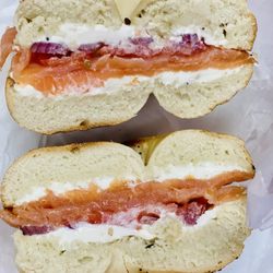 Everything Bagel with Smoked Salmon, Cream Cheese, and onions