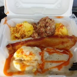 Corned Beef hash powder eggs and bisque and gravy hmmmn good breakfast.