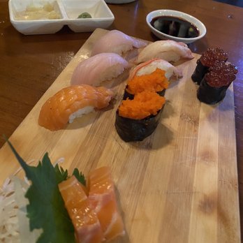 O-Ku - Top left: hamachi nigiri, top middle: Kani Nigiri, top right: sake caviar, bottom left: Sake nigiri and sake sashimi. - Japanese Near Me - Atlanta, Georgia