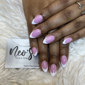 Neo's Nails Spa - French tip dip design. Pink color for the dip and and the white painted over. Pointed shape on natural nails. Done Oct. 25th - Nail Salons Near Me - San Jose, California Neo's Nails Spa - French tip dip design. Pink color for the dip and and the white painted over. Pointed shape on natural nails. Done Oct. 25th - Nail Salons Near Me - San Jose, California