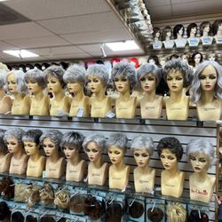 Wig N Hair - Selection of gray color wigs and scrunchies for hair