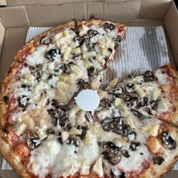 Sausage pizza (missing sausage), extra cheese (doesn't even go to the edges), pineapple & mushroom (not their usual topping coverage).