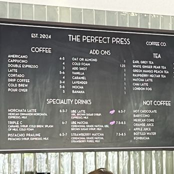 The Perfect Press Coffee - May 2026 menu - Coffee & Tea Near Me - Tampa, Florida The Perfect Press Coffee - May 2026 menu - Coffee & Tea Near Me - Tampa, Florida