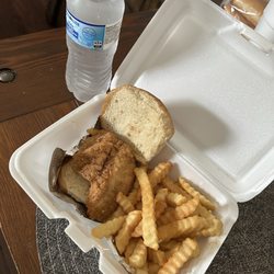 Fish sandwich, fries and drink