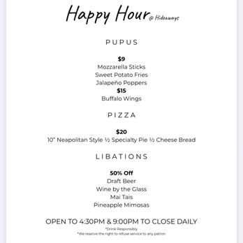 Hideaways Pizza Pub - Happy Hour Menu - Pizza Near Me - Princeville, Hawaii Hideaways Pizza Pub - Happy Hour Menu - Pizza Near Me - Princeville, Hawaii